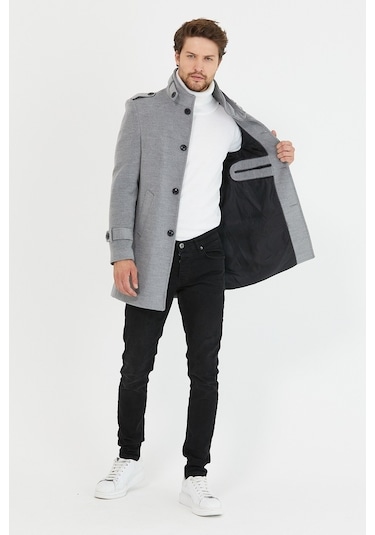 Erkek Açık Gri Dar Kesim Dik Yaka Uzun Kaşe Kaban-Açık Gri