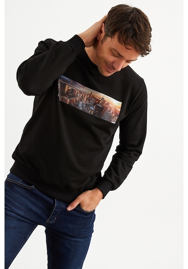Mysport 5012 Erkek Bisiklet Yaka Baskılı Sweatshirt-siyah Siyah