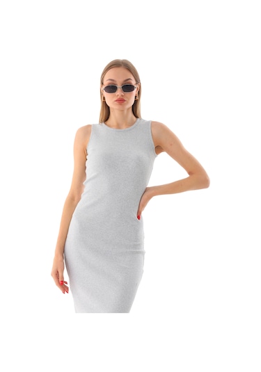 Vücuda Oturan Kolsuz Bisiklet Yaka Diz Altı Fitilli Esnek Elbise Gri