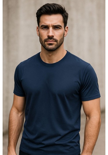 Erkek %100 Pamuk Slim Fit Sporcu Tişört Basic Bisiklet Yaka Kısa Kollu T-shirt Lacivert