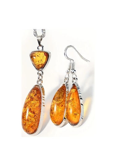 Tongdashop Vintage Kehribar Kolye Ve Küpe Seti Turuncu Doğal Taş Bohem Aksesuar