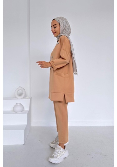 Bisiklet Yaka Taşlı Scuba Takım - Camel