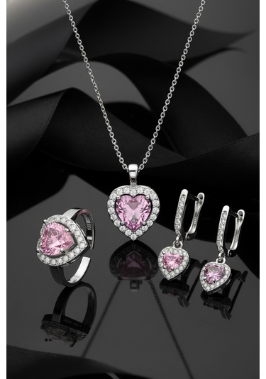 925 Ayar Pembe Taşlı Rodyum Pırlanta Işıltılı Kalp 3'lü Gümüş Set-takım Ayarlanabilir Gümüş