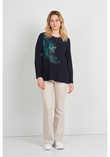 Detay Triko Kadın Taş İşlemeli Ve Desenli Bisiklet Yaka Uzun Kol Anne Bluz 5721 Lacivert Lacivert