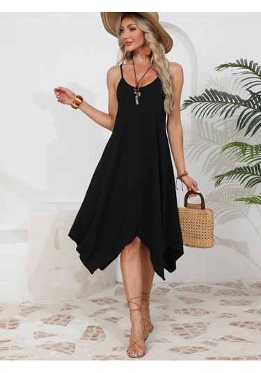 Kadın Ip Askılı Yuvarlak Yakalı Asimetrik Kesim Viskon Elbise Siyah