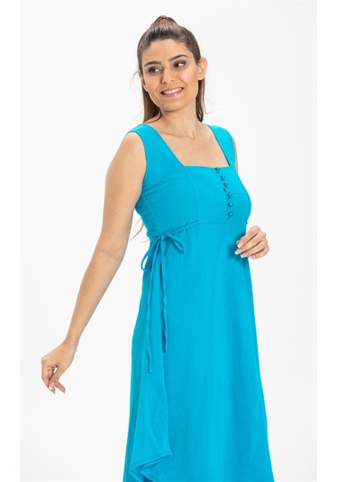 Kolsuz Şile Bezi Üçgen Katlı Midi Boy Elbise Turkuaz Trkz