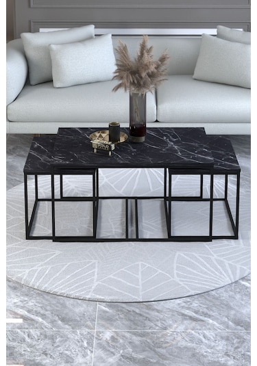 Orta Sehpa Ve Zigon Yan Sehpa Flora Set Bendir Siyah