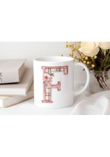 F Harfli Retro Çiçekli Kupa Bardak - Patchwork Tarz Yamalı Desenli İsme Özel Kupa - Hediye Beyaz