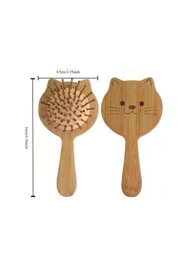 Gateesat Ahşap Renk Yumuşak Bambu Kıllı Sevimli Kedi Temalı Oval Saç Masaj Fırçası