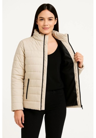 Bomber Mont Ceket Su İtici Kumaş, Kapitone Astarlı, Fermuarlı, Kışlık - Bej Bej