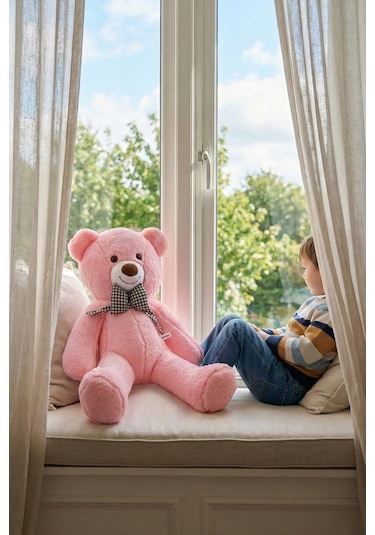 80 Cm Büyük Boy Yumuşak Papyonlu Oyuncak Ayıcık Pembe