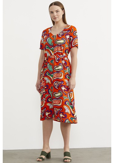 Önden Düğmeli Desenli Viskon Elbise - Oranj 001