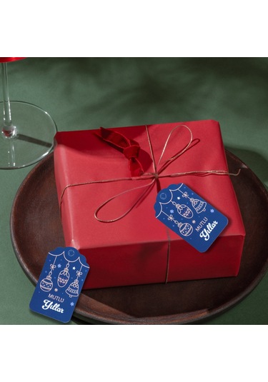 Yılbaşı Mutlu Yıllar Yazılı Hediye Etiketi, Delikli, Küre Desenli