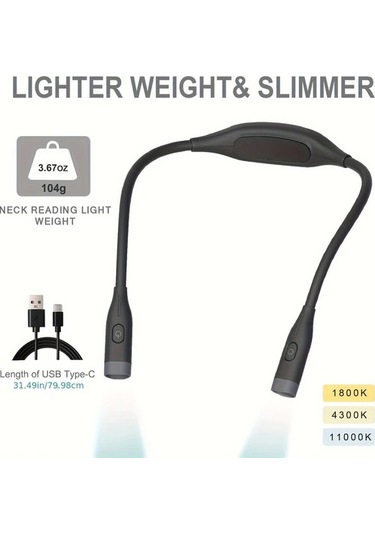 Boatshop1 1 Adet Siyah Led Boyun Okuma Lambası Usb Şarj Edilebilir 3 Renk Ayarlanabilir Parlaklık Bükülebilir Kol Rahat Ve Hafif Siyah