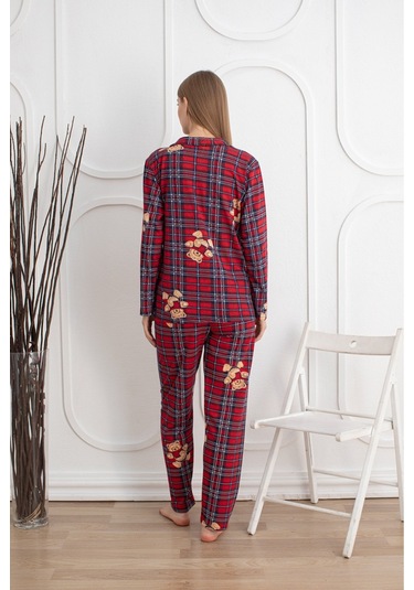 Kadın Mevsimlik Pamuklu Penye Pijama Takımı Önden Düğmeli Ekose