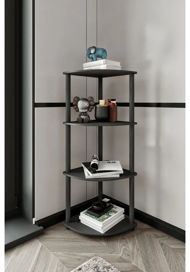 4 Katlı Dekoratif Köşe Kitaplık Siyah Siyah