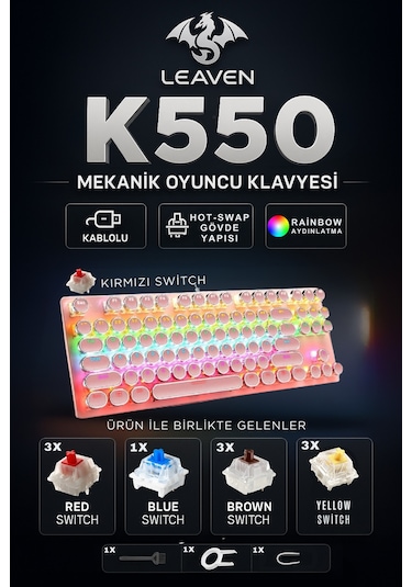 K550 Red Switch Mekanik Oyuncu Klavyesi-hot-swap-rainbow Rgb-3 Adet Yedek Switch