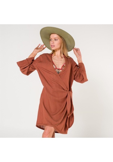 Mona Kadın Kruvaze Pul Baskılı Plaj Elbisesi Tarçın Turuncu