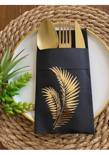 Gold Yaldızlı Siyah Yaprak Cepli Peçete 12 lı 40x40