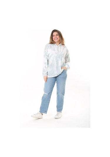 Kadın Büyük Beden Yeşil Batik Desenli Kapşonlu Sweatshirt 65n37521-yeşil Yeşil