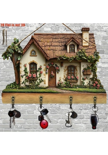 Elmpaly A 2d Düz Fonksiyonel Ahşap Anahtarlık 4 Metal Kancalı Duvar Dekoru Koridor Oda Köşk Dört Mevsim