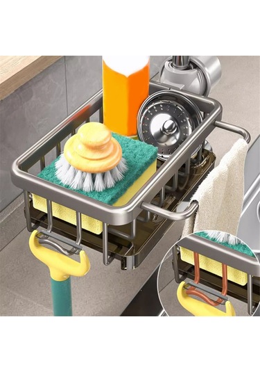 Xurunkeji Süngerlik Musluk Üstü Mutfak Lavabo Düzenleyici, Uzay Alüminyum Çıkarılabilir Askılı Musluk Gider Rafı Kancalı Gümüş Gümüş