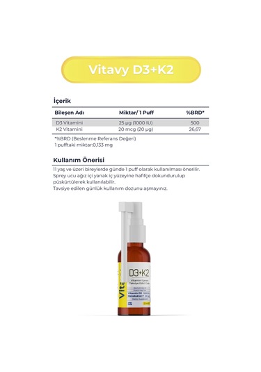 Vitavy D3K2 Vitamini Sprey 20 ML 140 Puff + Multivitamin & Multiminera 30 Tablet