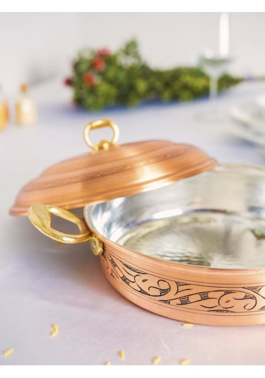 Bakır Pilav Tenceresi Oyma Nakış İşleme Mat Bakır Renk 25 Cm