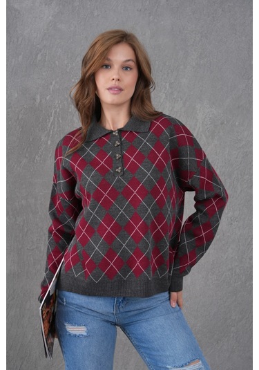 Kadın Polo Yaka Yarım Pat Düğme Detay Desenli Oversize Triko Kazak Antrasit