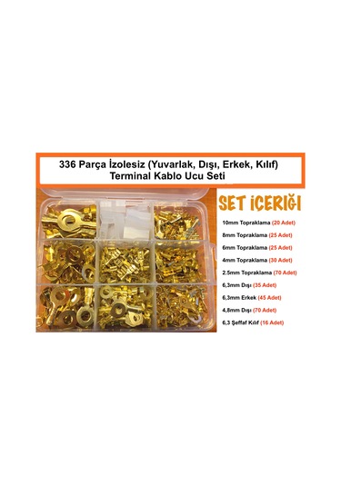 336 Adet Sarı Terminal Seti Yuvarlak, erkek, dışı (Oto Tip Pabuç)