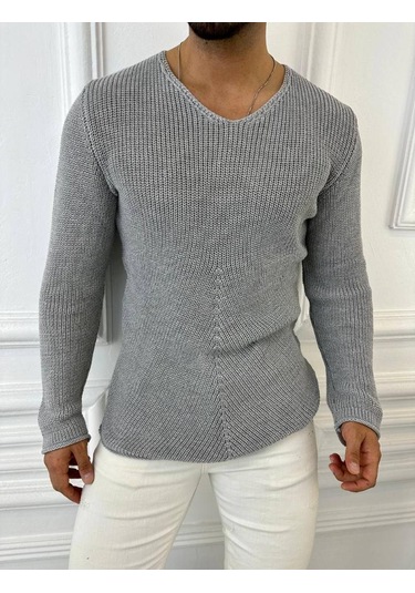 Kazak Naturel Örme Pamuk Tüylenmeyen Triko Kazak Gri