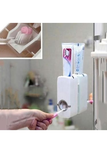Banyo Duvara Montaj Rafı Otomatik Diş Macunu Dispenseri Fırça Tutucu Beyaz