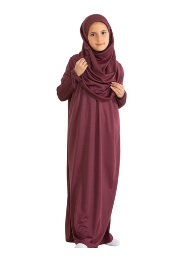 İki Parça Çocuk Elbisesi Seti Eşarp İle Takım Vişne