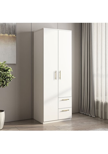 Merlin 2 Kapaklı, Çekmeceli Gardırop, Yatak Odası Dolap, Elbise Dolabı İstanbul Ceviz - 172 Cm / Beyaz