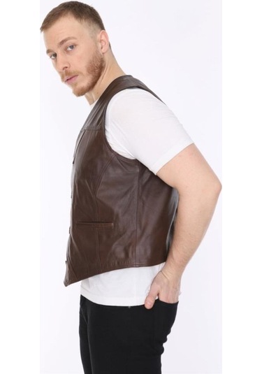 Hakiki Kuzu Derisi Kahverengi Classic Düğmeli Erkek Deri Yelek Kahverengi