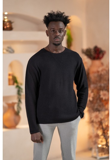 Regular Fit Likralı Kendinden Çizgili Mevsimlik Spor Kazak Siyah