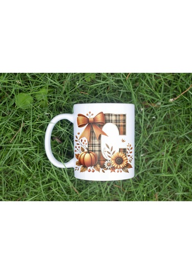 C Harfi Ekose Ve Sonbahar Temalı Kupa Bardak - Kişiye Özel Sıcak Tonlar Alfabe Kupa - Hediye Beyaz