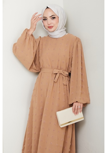 Kuşaklı Ponpon Detay Ayrobin Elbise 1538 - Vizon Vizon