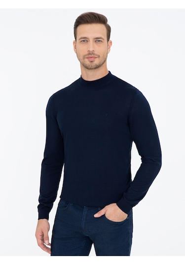 Cacharel Lacivert Slim Fit Çeyrek Balıkçı Yaka Basic Triko Kazak