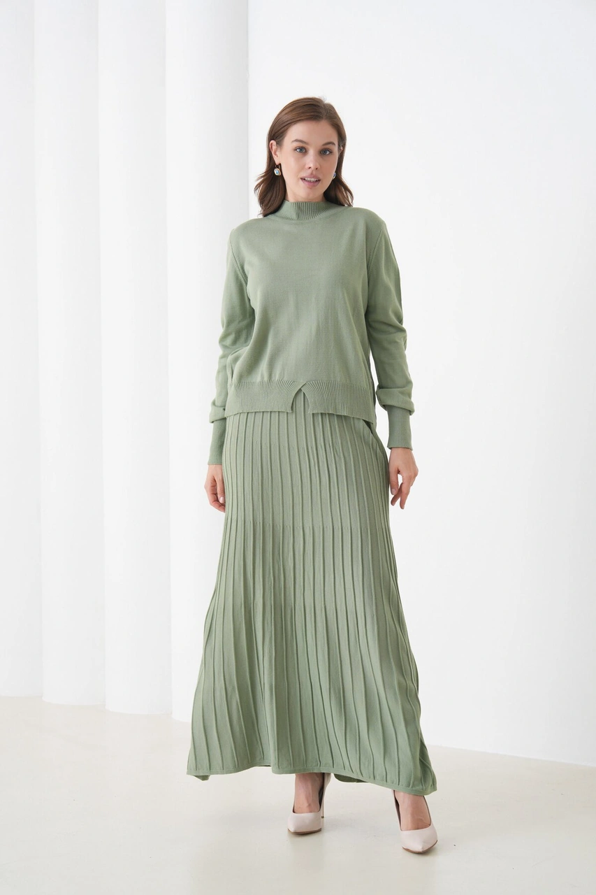 Kadın Pileli Etek Kazağı V Tasarım Tesettüre Uygun Örgü Triko Etek Kazak Takım Mint Yeşili