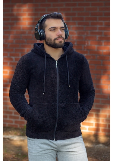 Erkek Siyah Peluş Yumoş Fermuarlı Kapüşonlu Cepli Welsoft Yelek 22ECKTERES Siyah