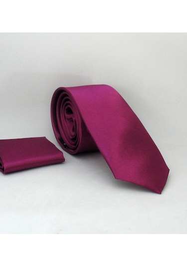 Mürdüm Slim Fit Düz Renk Mendilli Saten Kravat - SS-06 Diğer Mürdüm