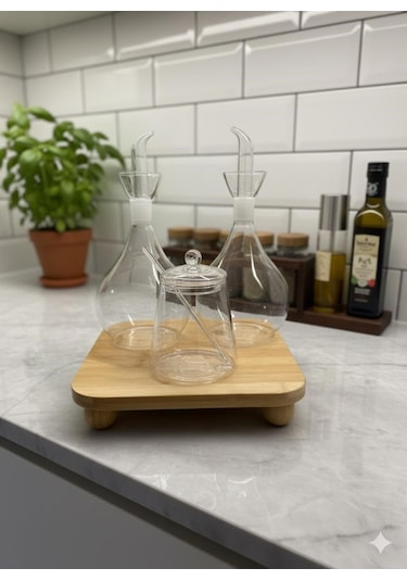 Morponi 3'lü Cam Yağlık Ve Tuzluk Seti Bambu Altlıklı Şık Sunum Tombul Düz Cam Yağdanlık Set Beyaz