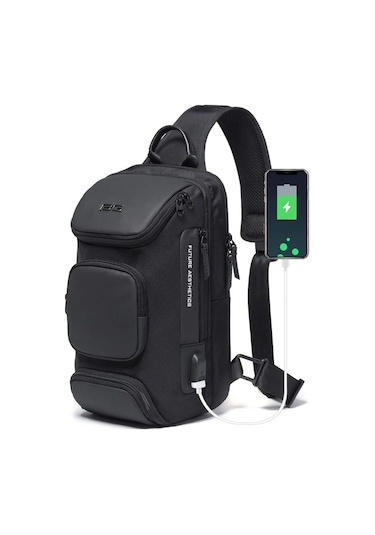 Bange Bg-7086 Usb Şarj Portlu Tek Askılı Göğüs Omuz Sırt Çantası Siyah