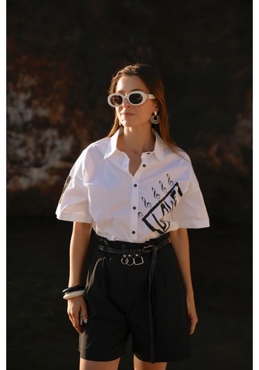 Kadın Kısa Kollu Baskı Detaylı Gömlek Frn6005 Beyaz