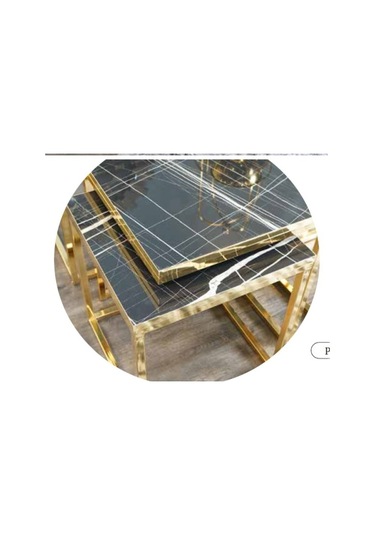 Mim Siyah Mermer - Gold Kare 4+1 Pizza Orta Sehpa Siyah Mermer - Gold