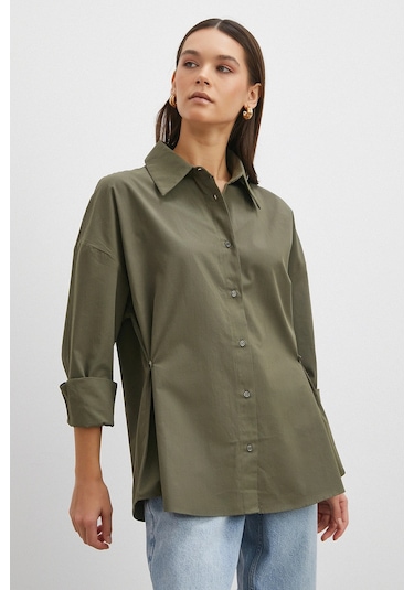 Düğme Detaylı Pamuklu Gömlek Haki Haki