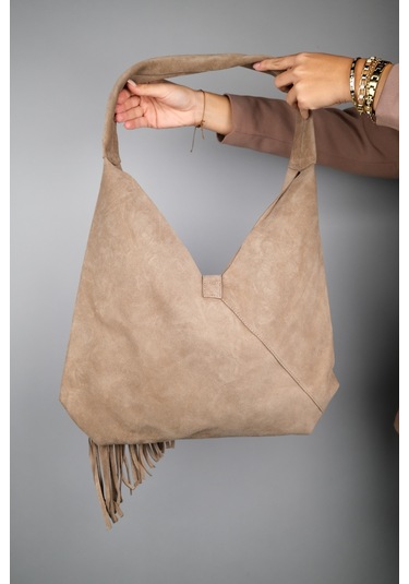 Rosalın Koyu Bej Hakiki Süet Deri Püsküllü Kadın Omuz Çantası Koyu Bej