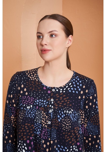 Pjs Kadın Desenli Yuvarlak Düğmeli Yaka Uzun Kollu Gecelik Lacivert