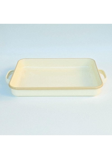 Emaye Kulplu Dikdörtgen Fırın Tepsisi Krem Krem